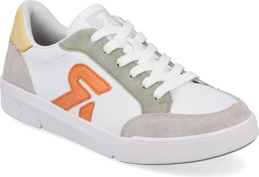 White low-top sneaker with orange logo and gray and gold accents.