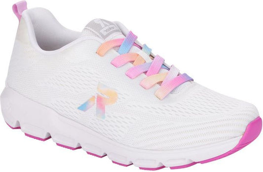 White athletic shoe with rainbow laces and accents.