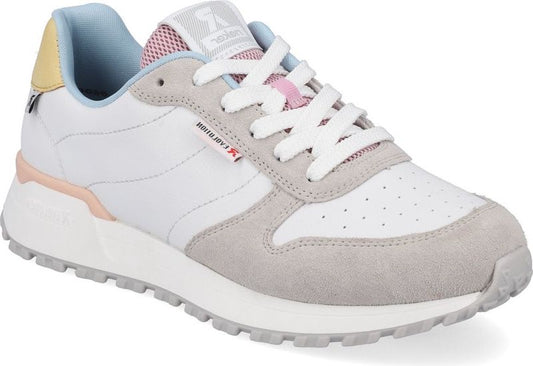 A low-top sneaker featuring white leather and suede uppers, a padded tongue with a logo, white laces, and a thick, ridged sole. The sneaker has a pale pink heel tab and light blue lining.