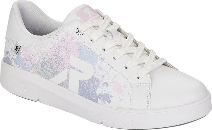 White sneaker with multicolor splatter paint pattern, rounded toe, and lace-up closure.