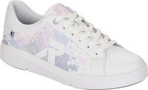 White sneaker with multicolor splatter paint pattern, rounded toe, and lace-up closure.