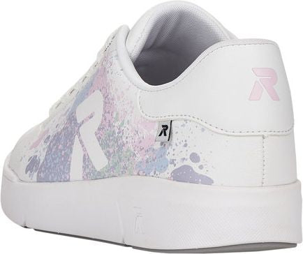 White casual sneaker with large colorful R design, R logo on heel, and low platform sole.