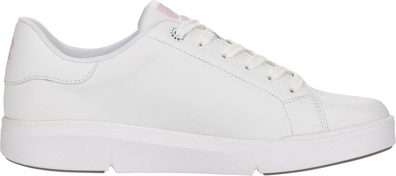 A white sneaker with white laces.