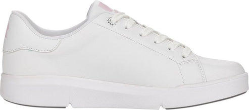 A white sneaker with white laces.