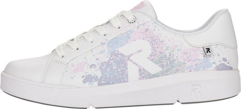 A white sneaker with colorful splash design.