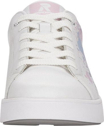 White sneaker with front laces and floral pattern on the heel.