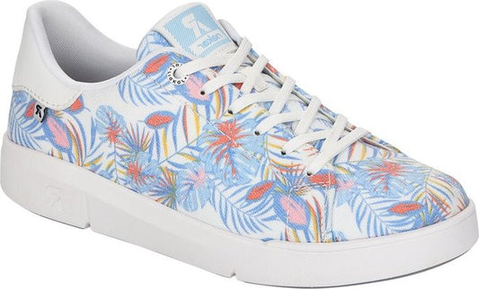 Low-top white sneaker with floral pattern and white laces.