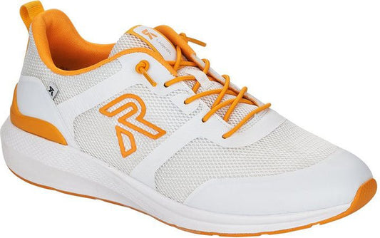 White sneaker with orange accents, featuring a prominent 'R' logo.