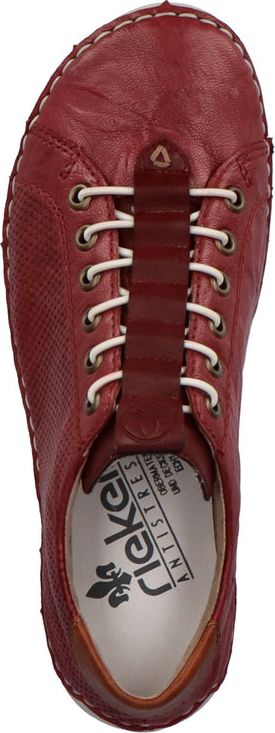 A red shoe with a white sole and laces.