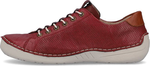 Red leather sneaker with white laces and sole.