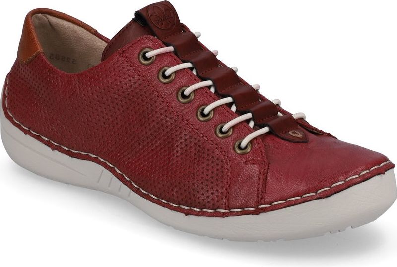 Red leather casual shoe with white laces and sole.