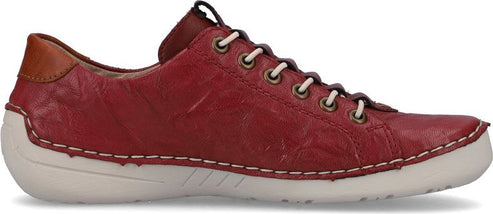 A red leather lace-up shoe with a white sole.