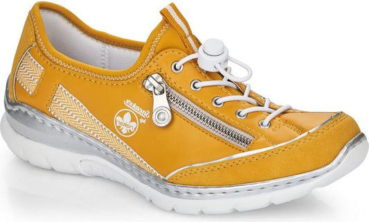 Mustard-colored sneaker with a zipper design and faux laces