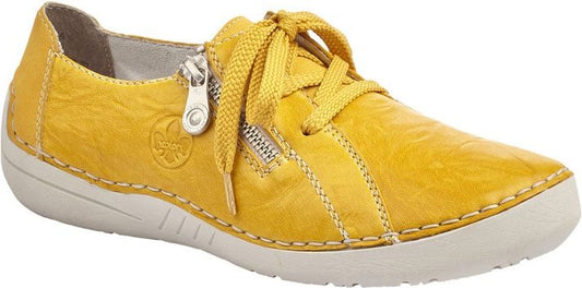 Yellow leather low top sneaker with zipper and laces.