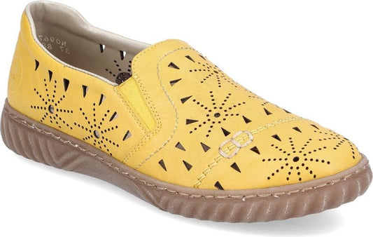Yellow slip-on shoe with laser cut-out pattern and brown sole.