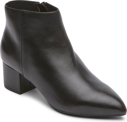 Black leather ankle boot with a block heel.