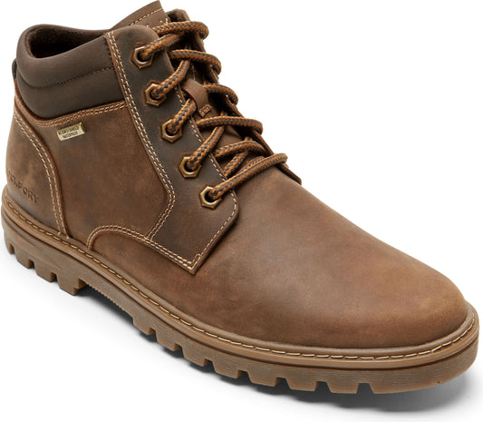 Brown leather high-top boot with brown laces and a waterproof tag.
