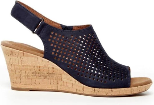 Navy blue peep toe wedge heel shoe with sling back strap and perforated vamp.