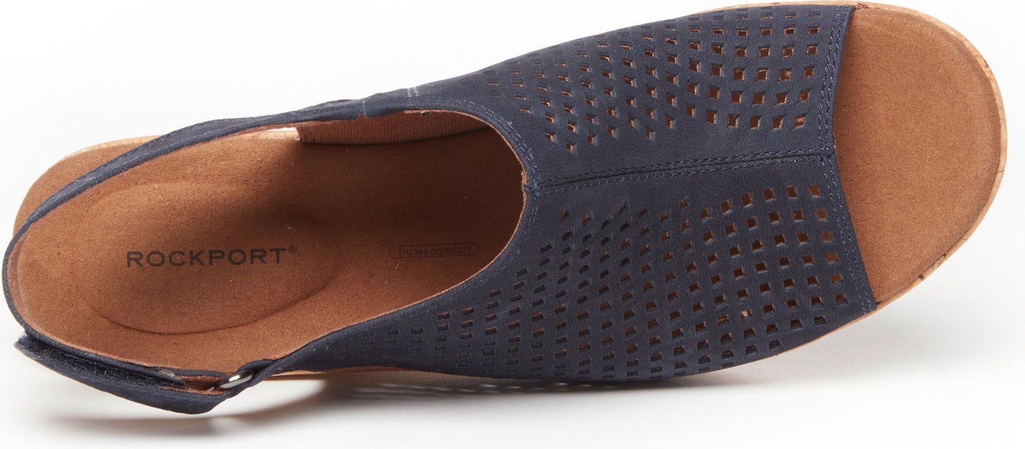 A navy-blue sandal with a low heel, peep toe, slingback, and perforated design.