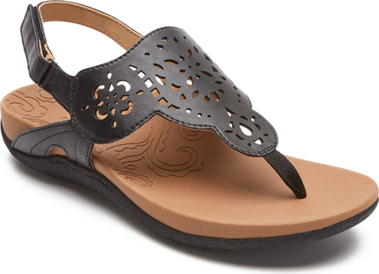 Black sandal with adjustable ankle strap and decorative cutouts on the vamp.