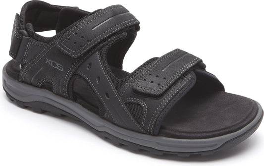 Black sandal with two velcro straps, a heel strap, and gray sole.