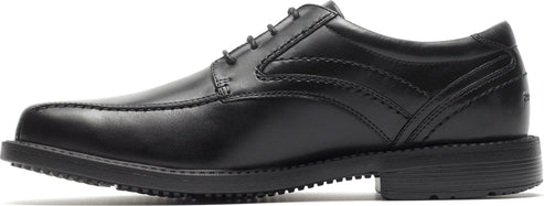 A black leather dress shoe with laces.