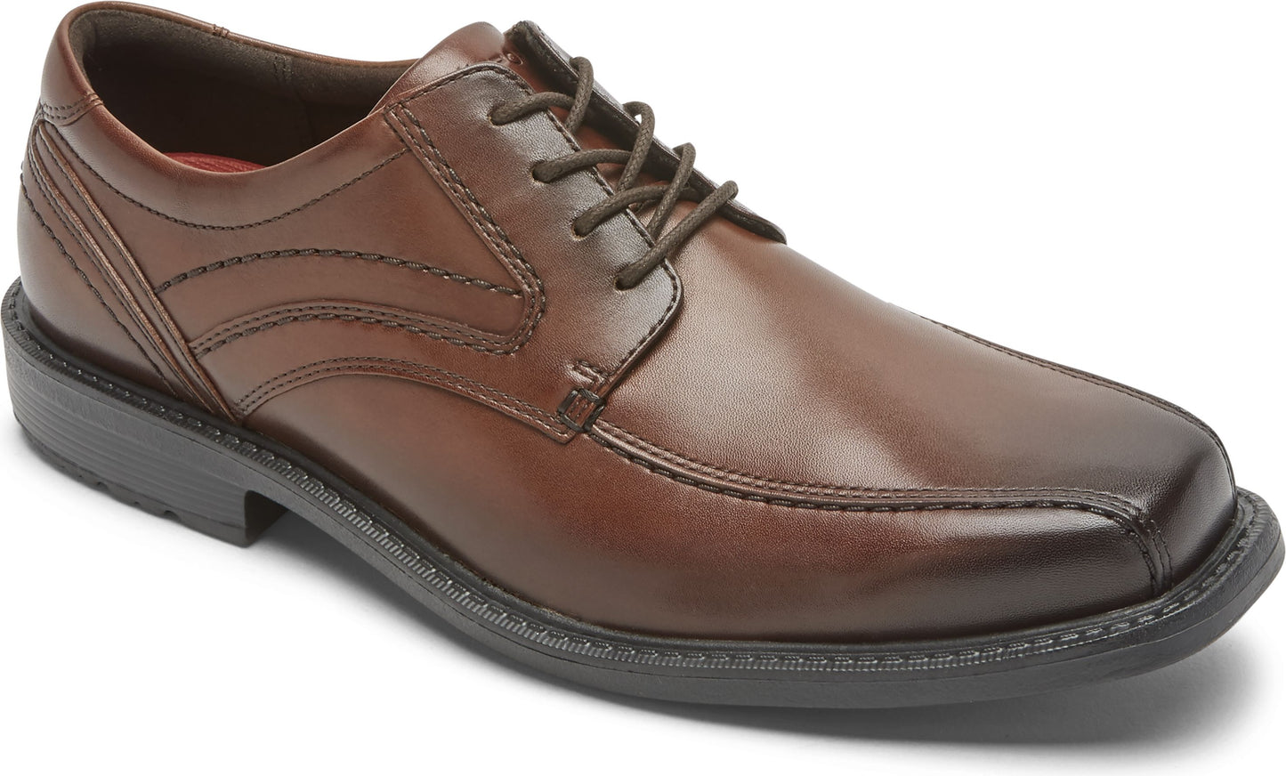 A brown leather lace-up dress shoe with a rounded square toe.