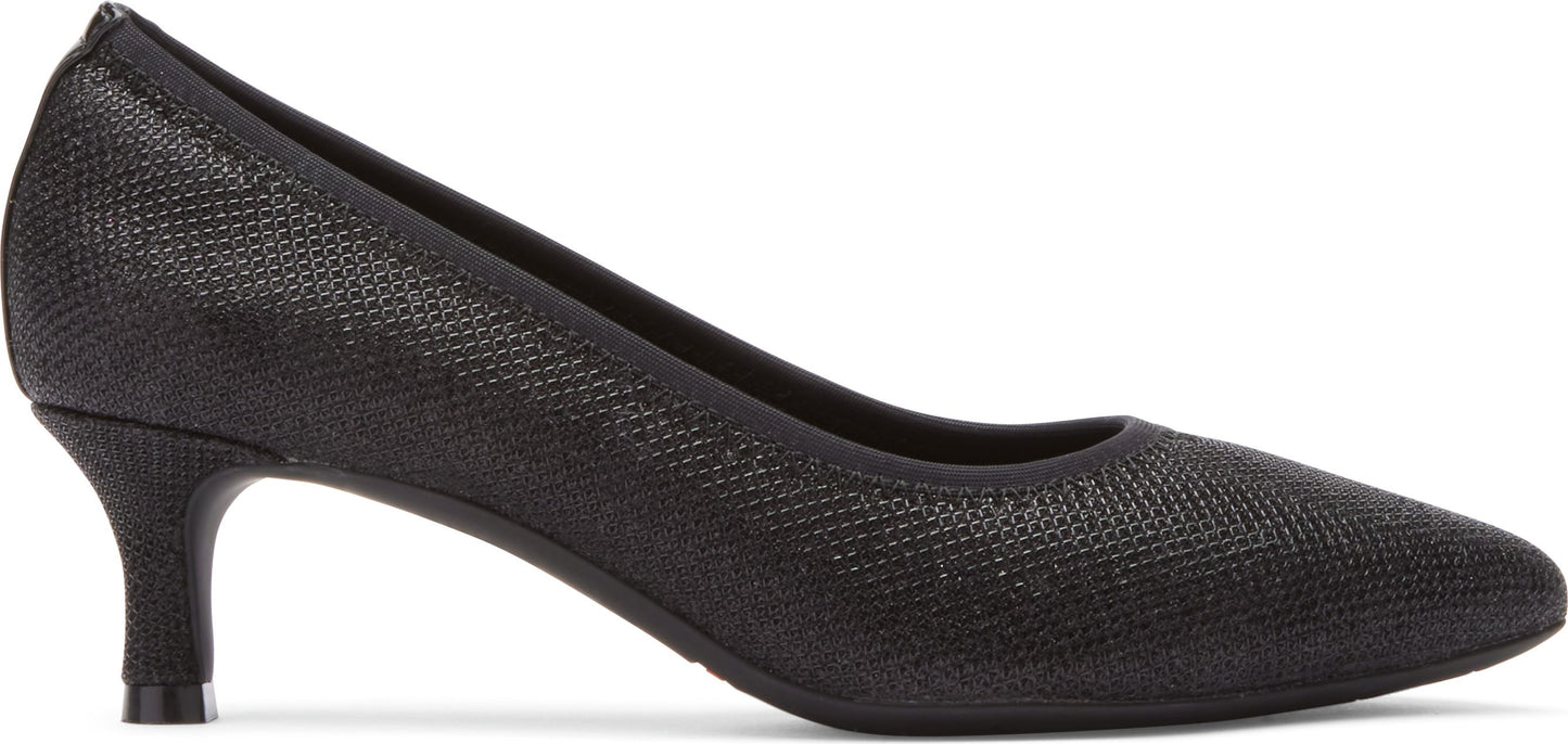 A black kitten heel pump shoe.