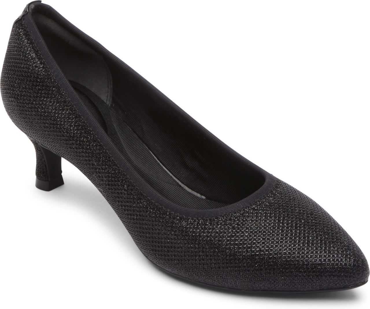 A black, pointed toe pump with a thin, low heel.
