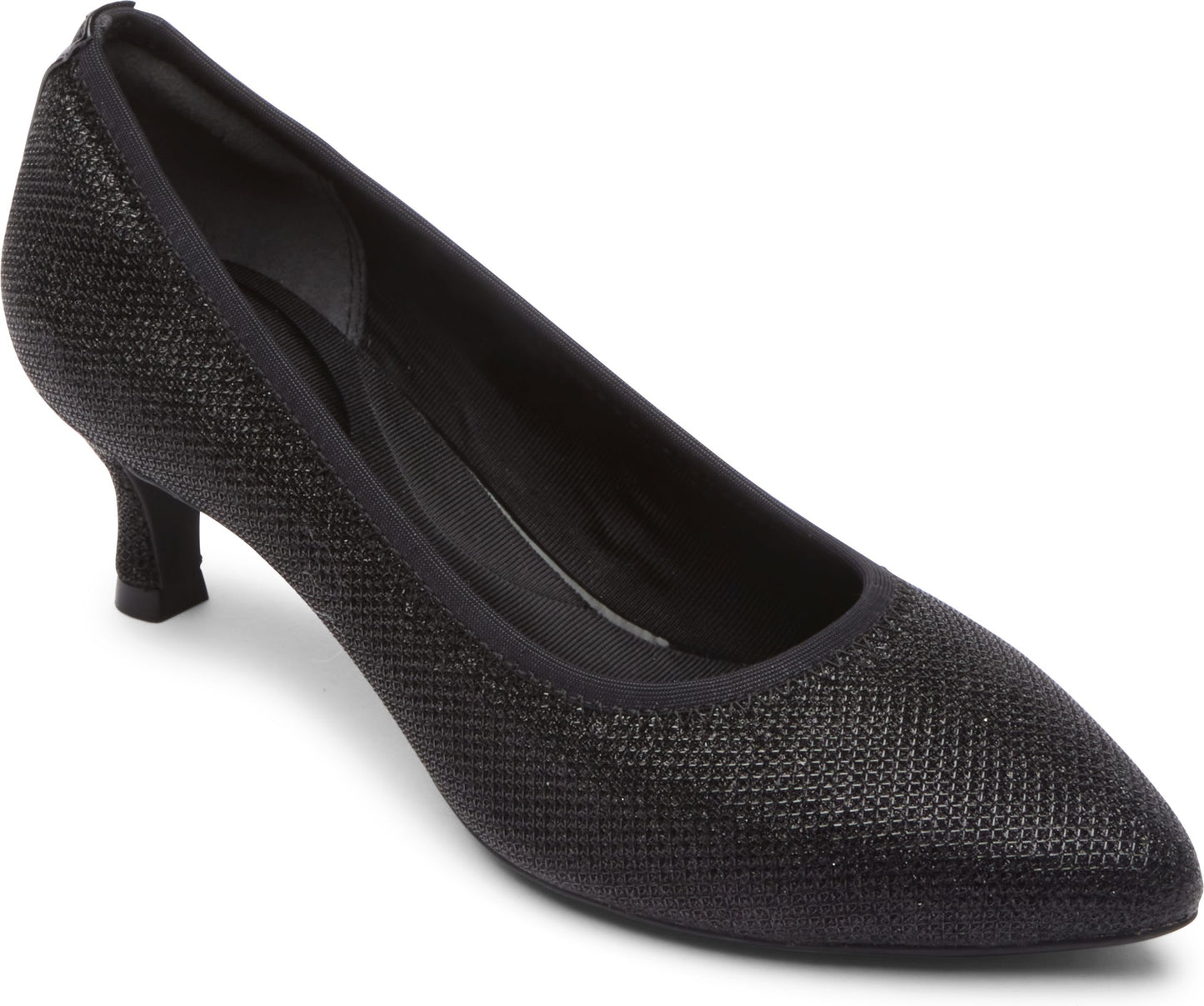 A black, pointed toe pump with a thin, low heel.