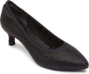 A black, pointed toe pump with a thin, low heel.