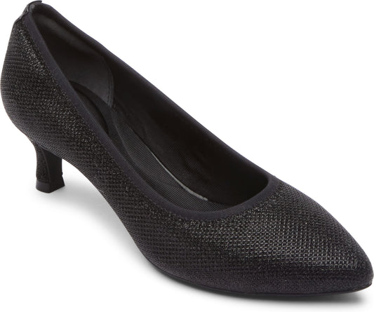 A black, pointed toe pump with a thin, low heel.