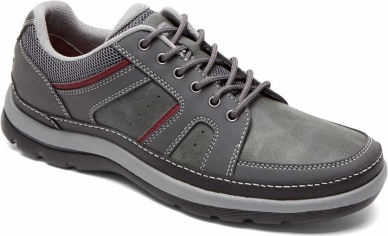 Gray leather walking shoe with gray laces and grey sole.