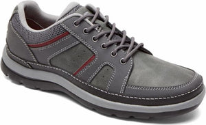 Gray leather walking shoe with gray laces and grey sole.