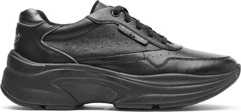 A black leather athletic shoe with laces.