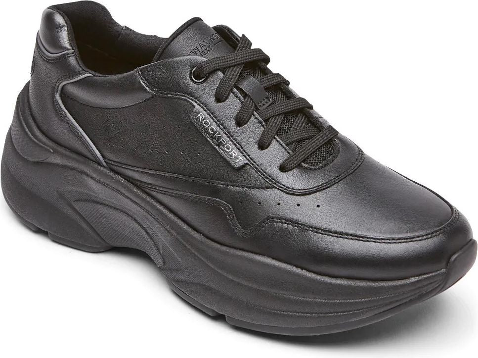 Black leather sneaker with thick sole, "ROCKPORT" text on side