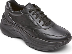 Black leather sneaker with thick sole, "ROCKPORT" text on side