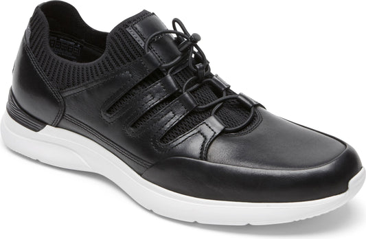 A black leather sneaker with a white sole and an elastic lace.