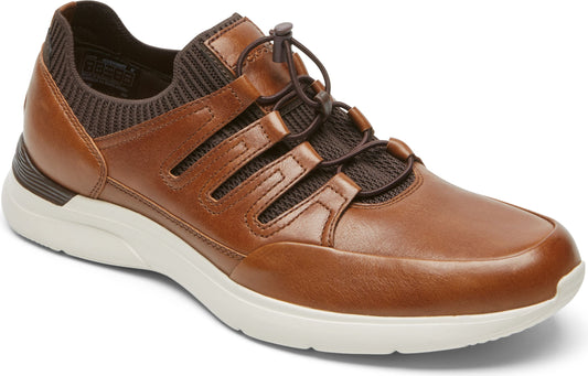 A brown leather shoe with a white sole and a brown elastic lace.