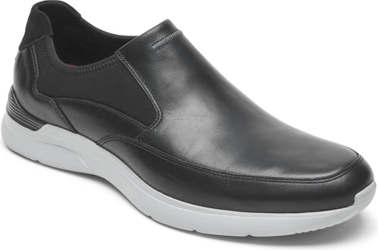 Black leather slip-on shoe with white sole.