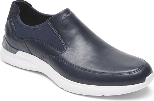 Navy leather slip-on shoe with white sole, elastic side panels, and rounded toe.