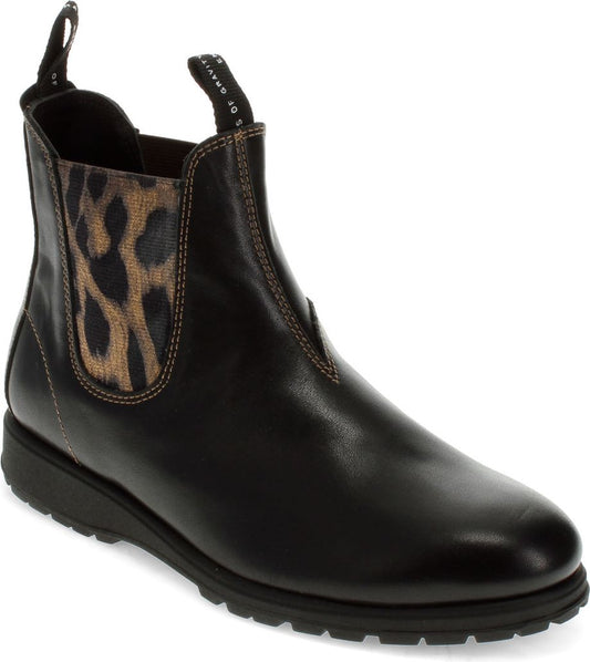 Black Chelsea boot with leopard print elastic side panel.