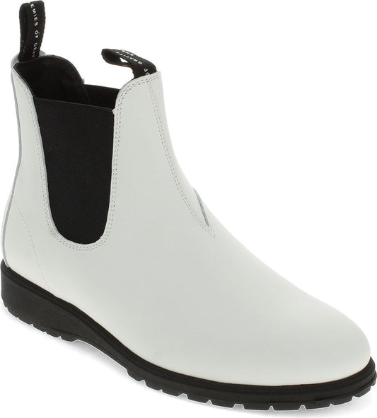 White leather Chelsea boot with black elastic side panels and a black sole.