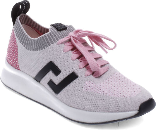 A light purple and gray women's athletic shoe with pink laces and a white sole.