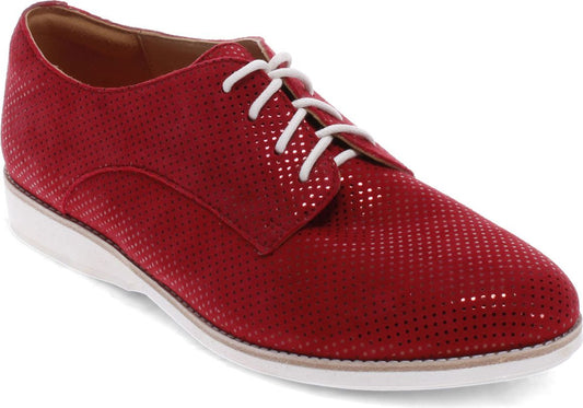 A red perforated leather dress shoe with white laces and white sole.