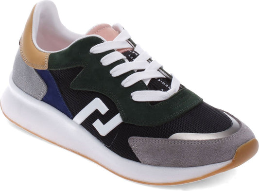 Low top sneaker with white laces, F detail, color block of gray, tan, green, pink, blue, and white sole.