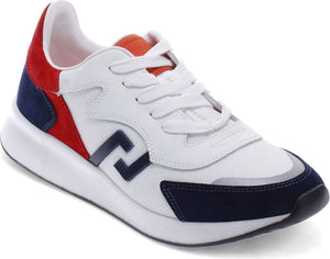 A low-top white sneaker with blue and red accents, featuring white laces and a chunky white sole.