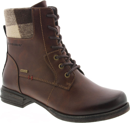 Lace-up brown leather ankle boot with a plaid cuff.