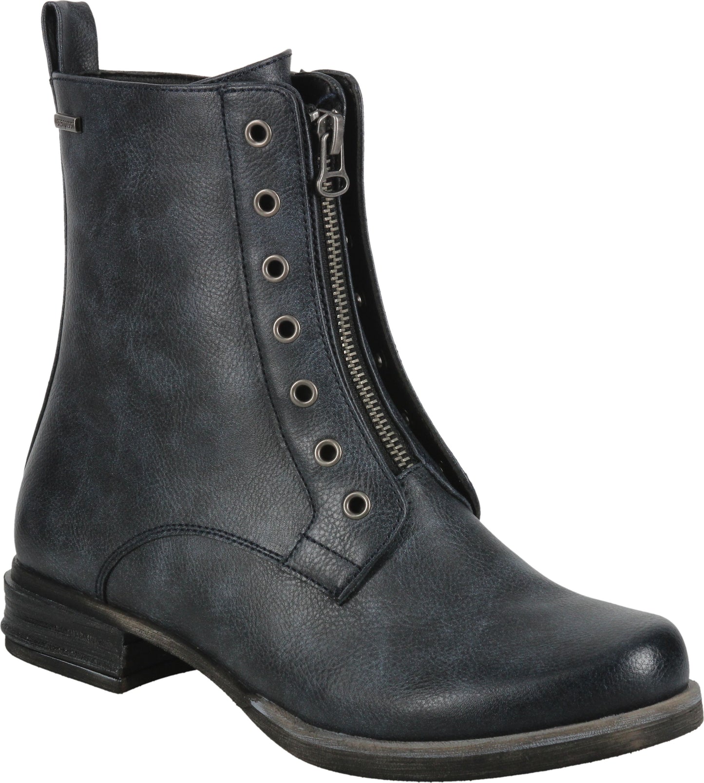 Black ankle boot with zipper and eyelets.