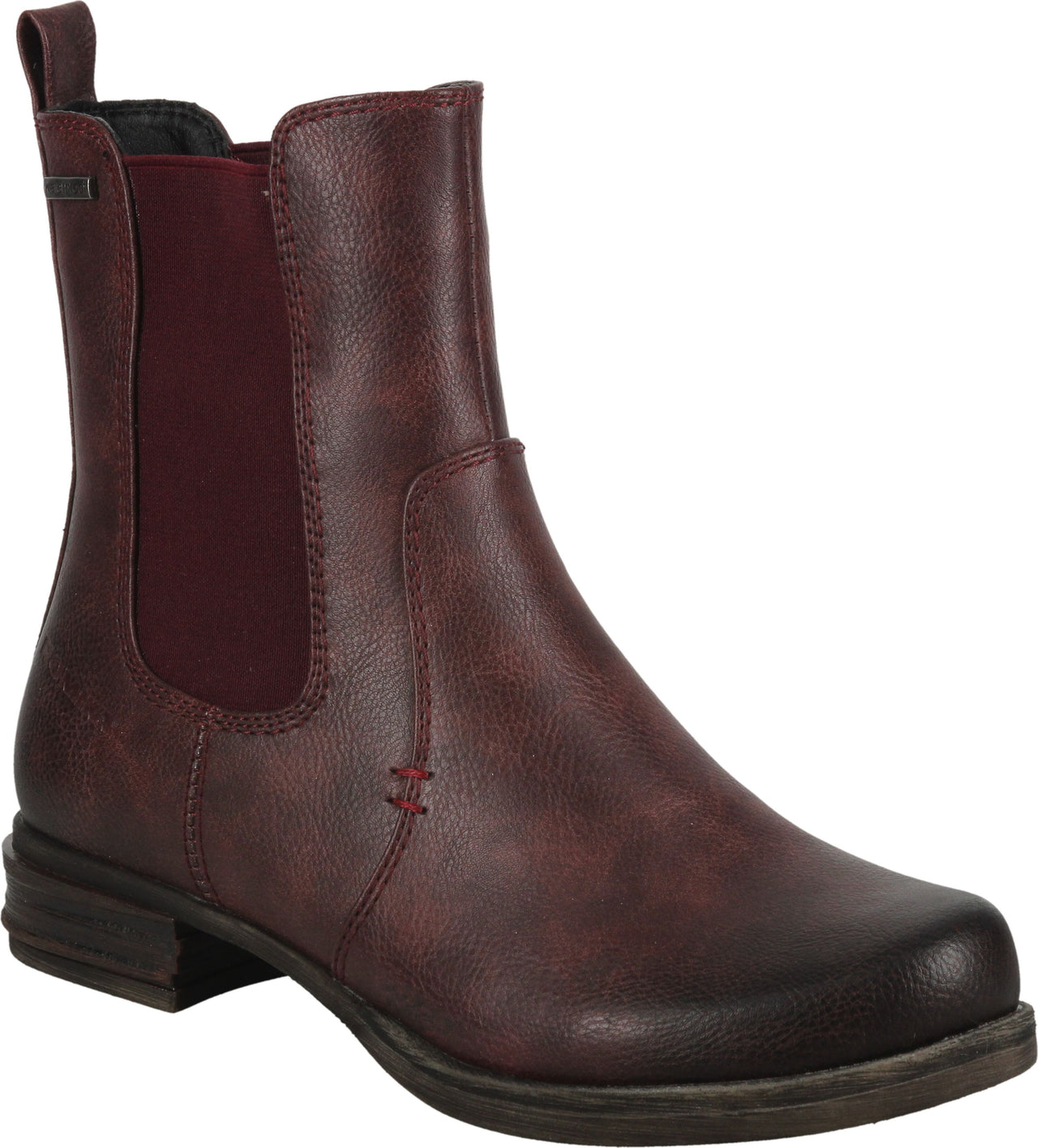 Ankle-high, maroon-colored leather Chelsea boot with elastic side panels and a low heel.
